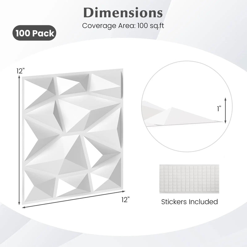 100-Pack 3D Wall Panels 12" x 12" PVC Interior Wall Decoration with Diamond Accent-White by DirectDeals