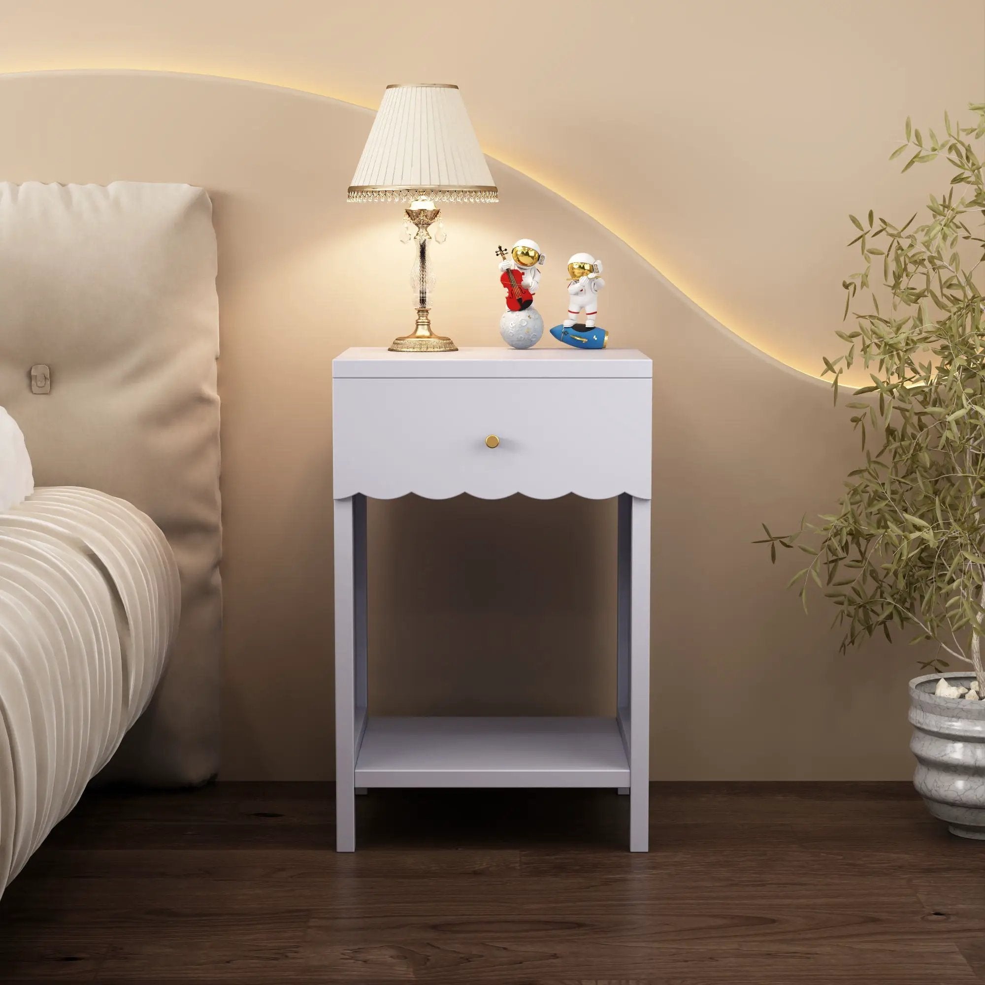 Nightstand With Drawer And Open Shelf, Scalloped Edge Bedside Table by Unique Piece Furniture