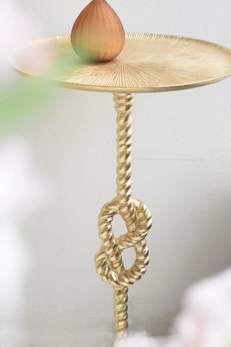 13.8x13.8x24 Gold Side Table with Rope Knot Design and White Marble Base by HouseOfZazla