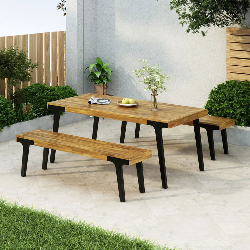 1 Dining Table & 2 Dining Benches - Light Teak by HouseOfZazla