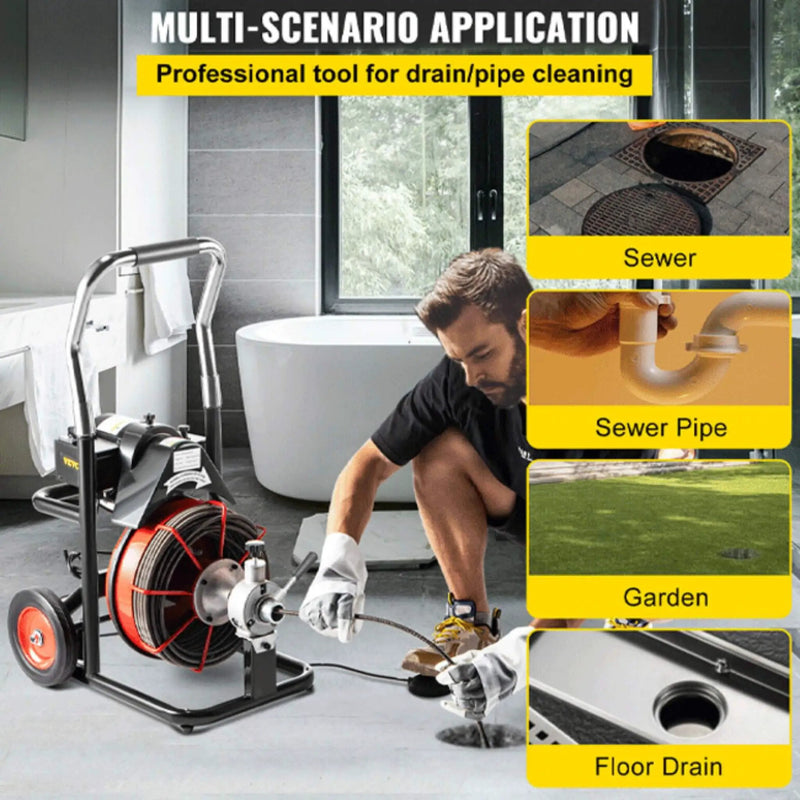 [100FTX3/8"] Electric Sewer Drain Cleaner Snake Clog Machine W/ Cutter (SAK53785) by SAKSBY WHOLESALE