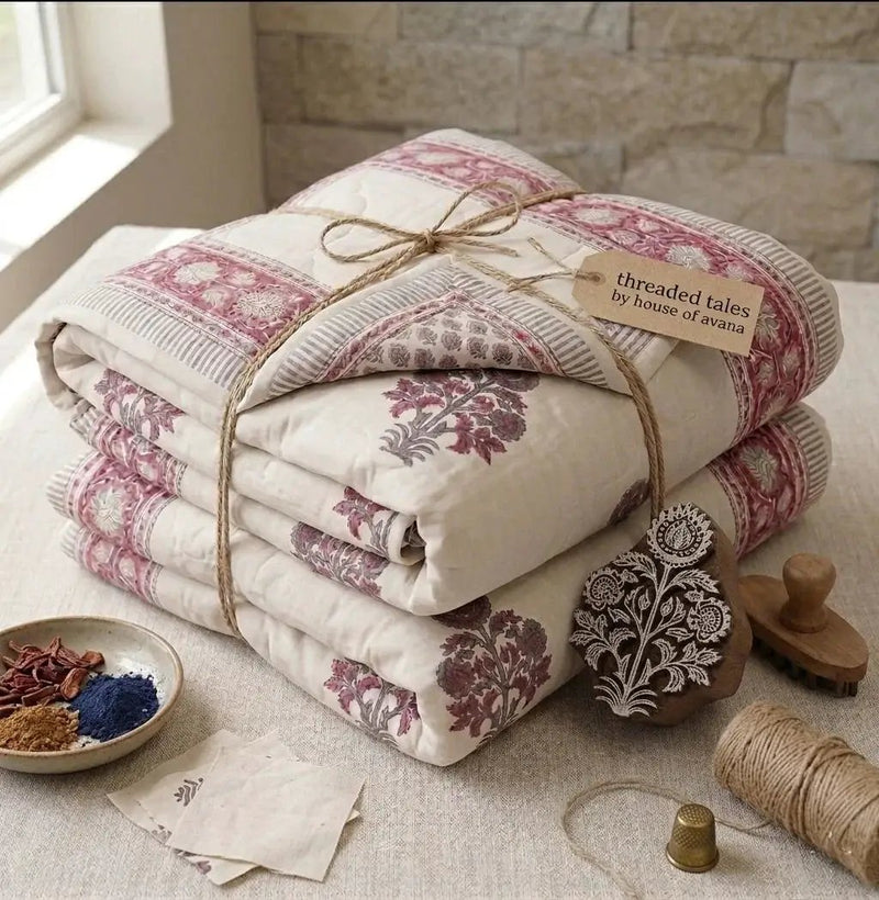 100% Cotton Muslin Reversible Comforter | Hypoallergenic Jaipur Hand Block Print by House Of Avana