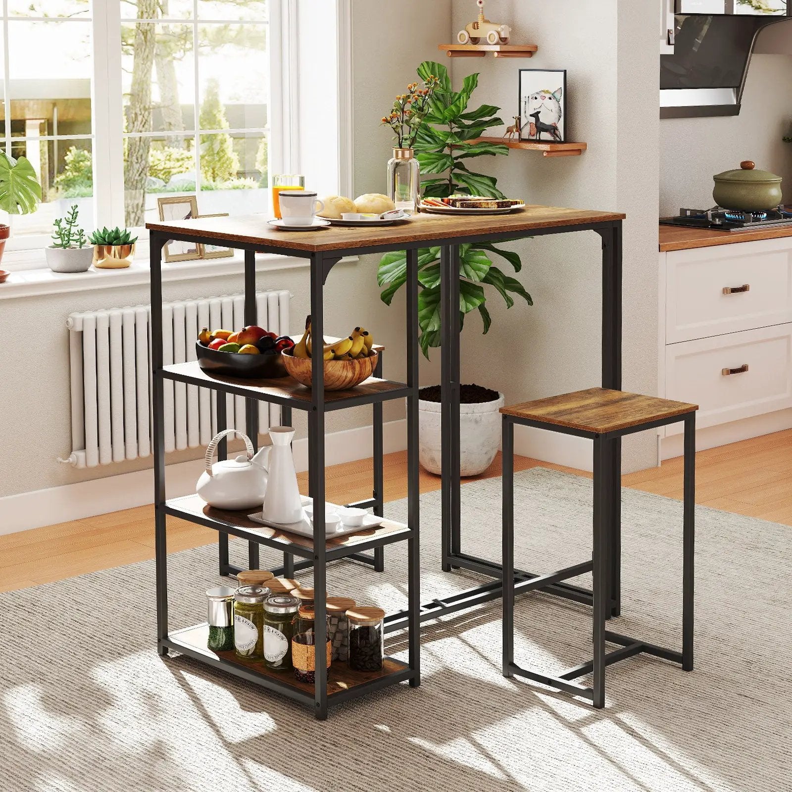 3-Piece Bar Table Set for 2 Bar-Height Dining Table with 2 Stools-Rustic Brown by DirectDeals
