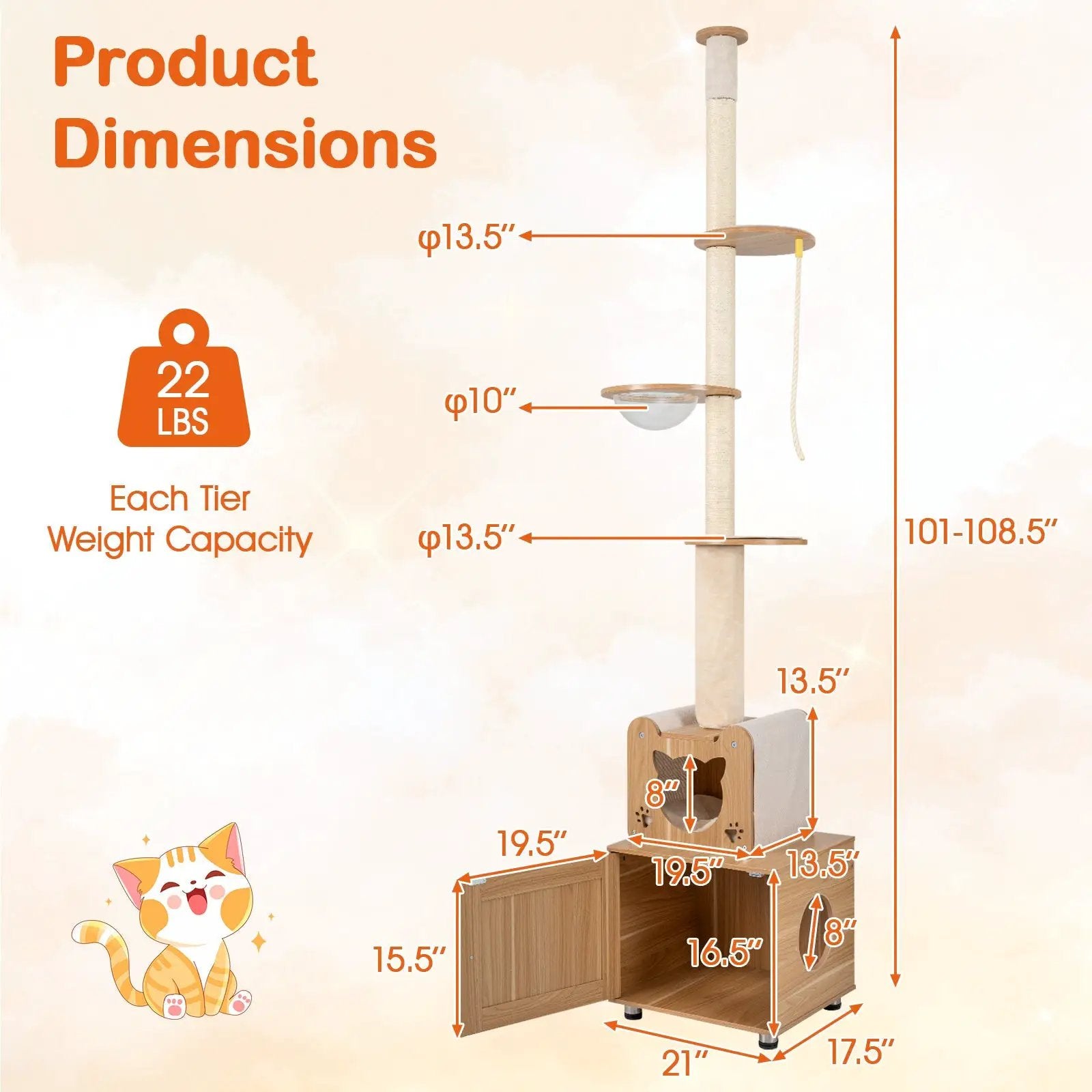 101 Inch Floor to Ceiling Cat Tree Height Adjustable with Litter Box Enclosure-Brown by DirectDeals