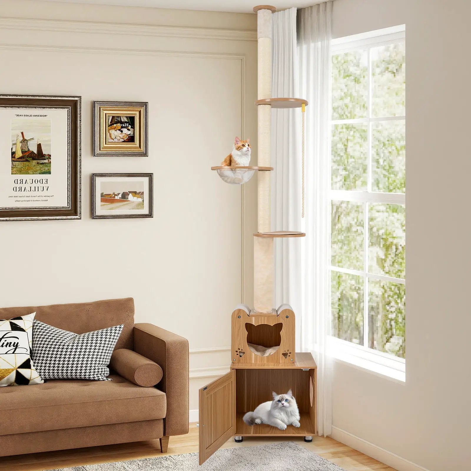 101 Inch Floor to Ceiling Cat Tree Height Adjustable with Litter Box Enclosure-Brown by DirectDeals