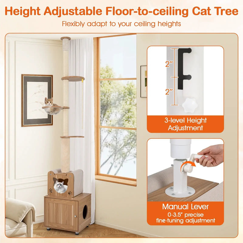 101 Inch Floor to Ceiling Cat Tree Height Adjustable with Litter Box Enclosure-Brown by DirectDeals