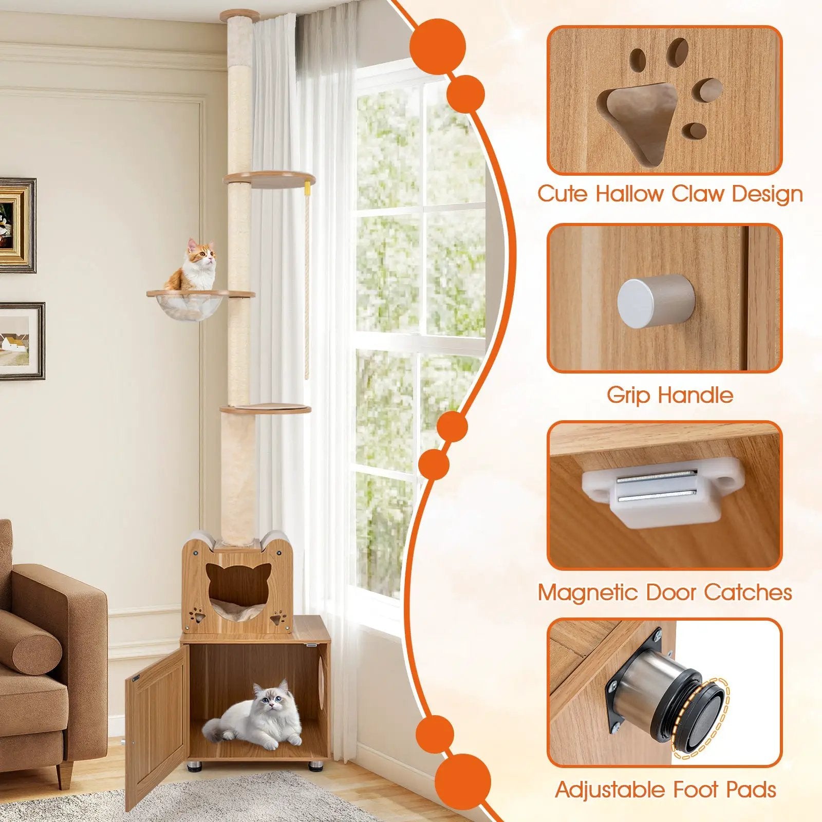 101 Inch Floor to Ceiling Cat Tree Height Adjustable with Litter Box Enclosure-Brown by DirectDeals