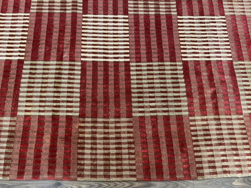 Modern Tibetan Rug 8x10, Hand Knotted Contemporary Nepali Carpet 8 x 10, Checkerboard Design, Red Cream Light Brown, Very Fine Wool & Silk by Jewel Rugs