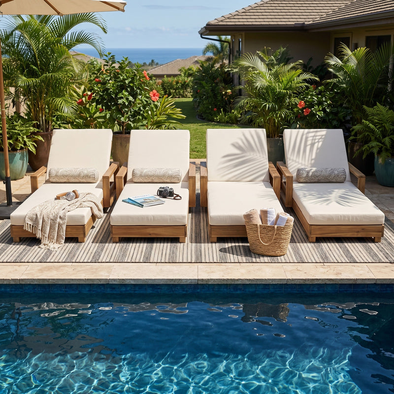 Acacia Wood Patio Chaise Lounge with Adjustable Backrest - Cream Cushion, photo 9 of 10