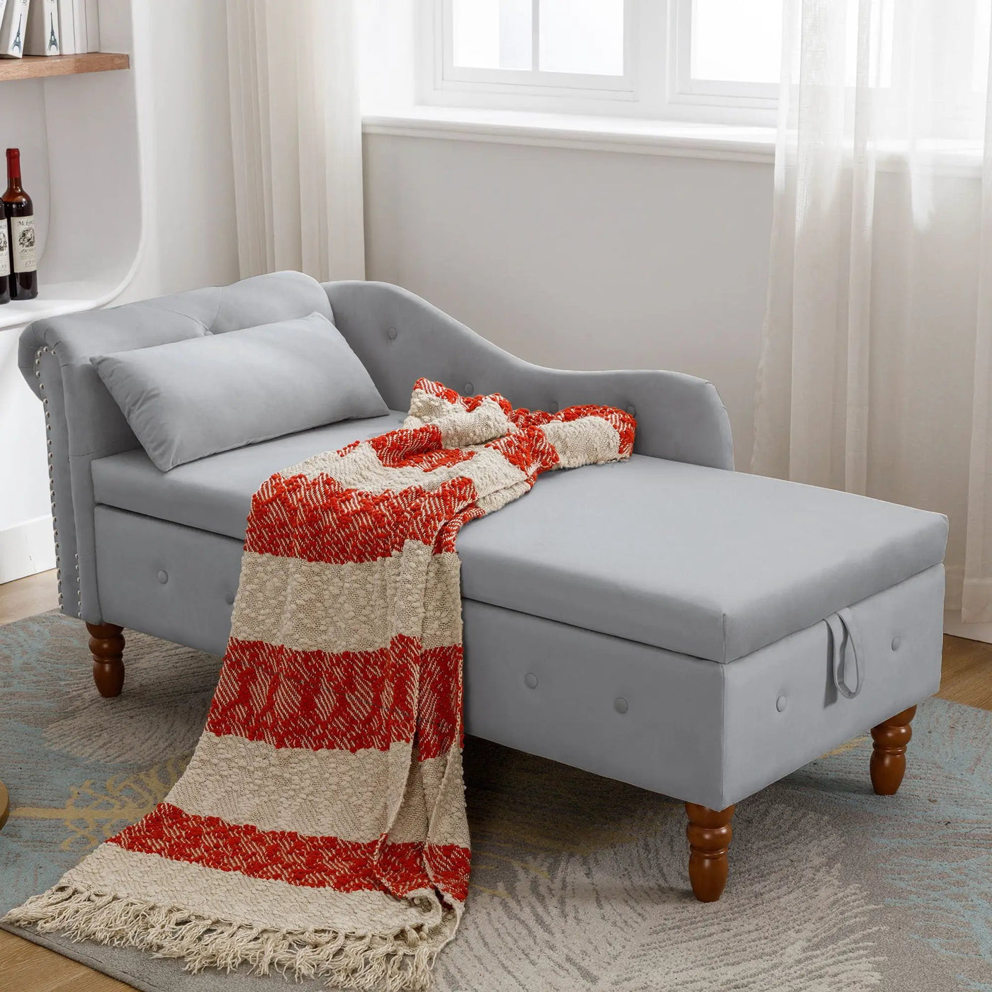 Chaise Lounge Indoor, Lounge Chair For Bedroom With Storage & Pillow, Modern Upholstered Rolled Arm Chase Lounge For Sleeping With Nailhead Trim For Living Room Bedroom Office by Unique Piece Furniture