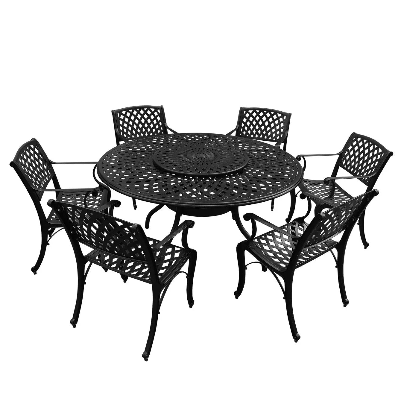 Outdoor Aluminum 7pc Round Patio Dining Set with Lazy Susan, Six Chairs by Sharicks