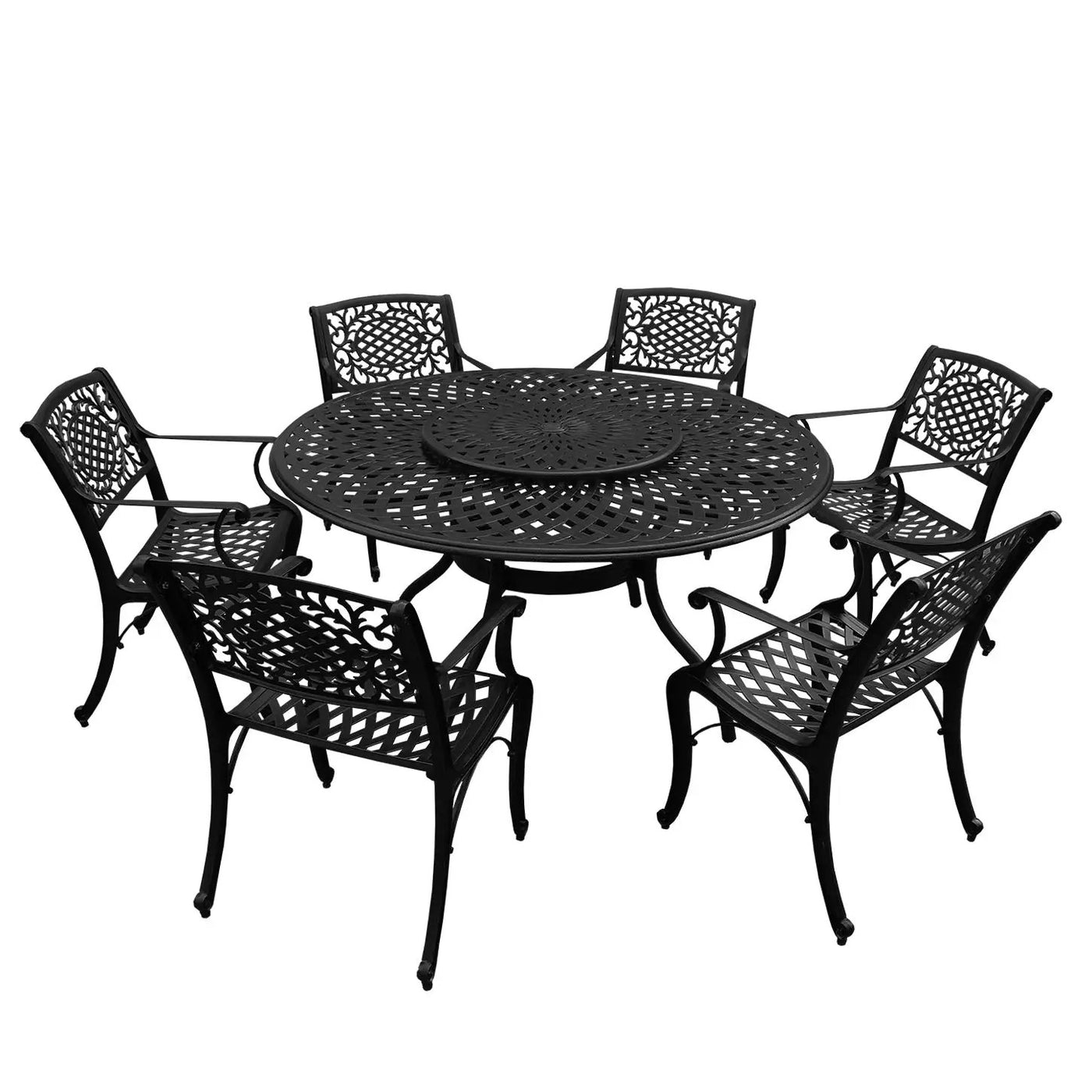 Outdoor Aluminum 7pc Round Patio Dining Set with Lazy Susan, Six Chairs by Sharicks