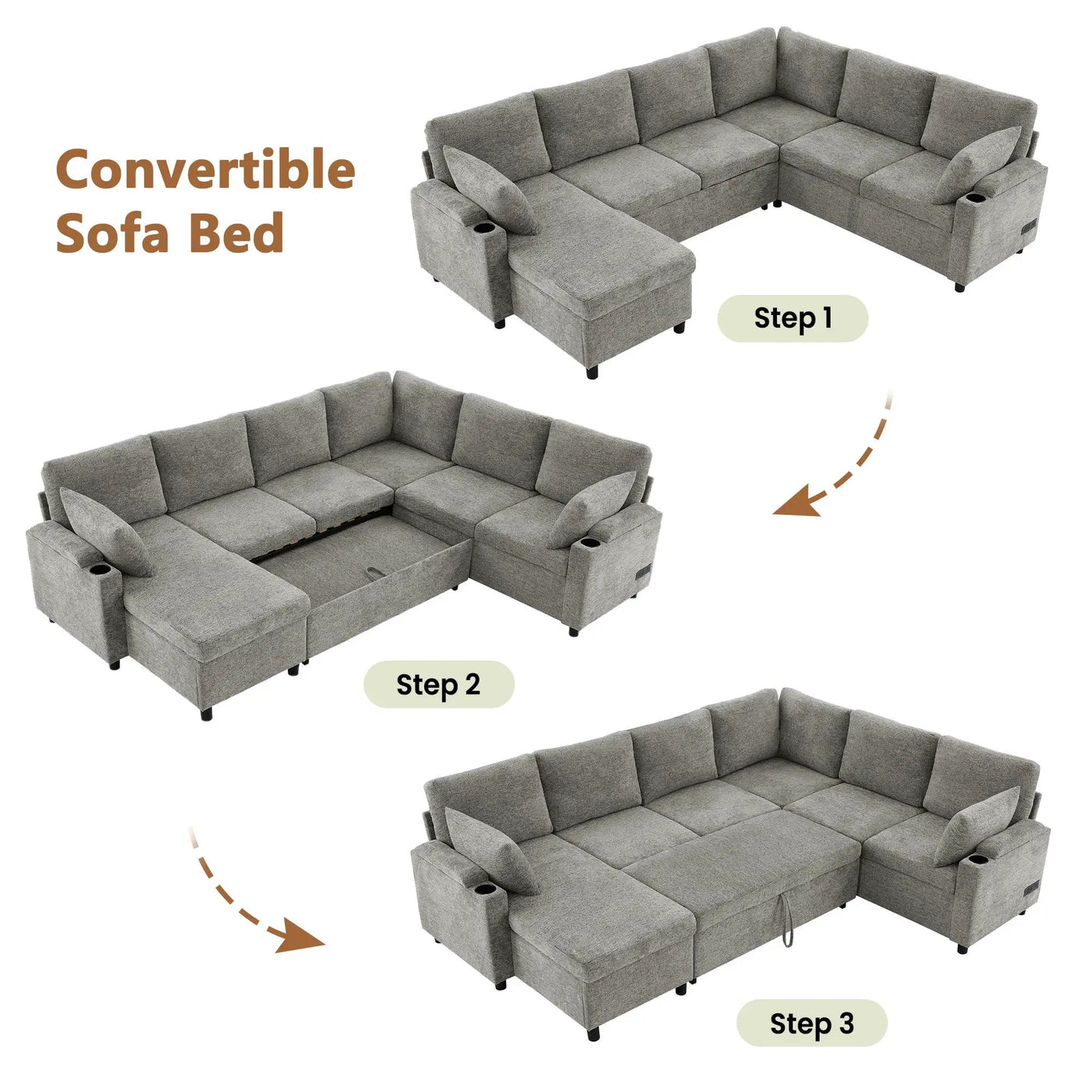 U-Shaped Sectional Sleeper Sofa With Ample Storage Space, 2 Cup Holders And Charging Ports For Living Room by HouseOfZazla