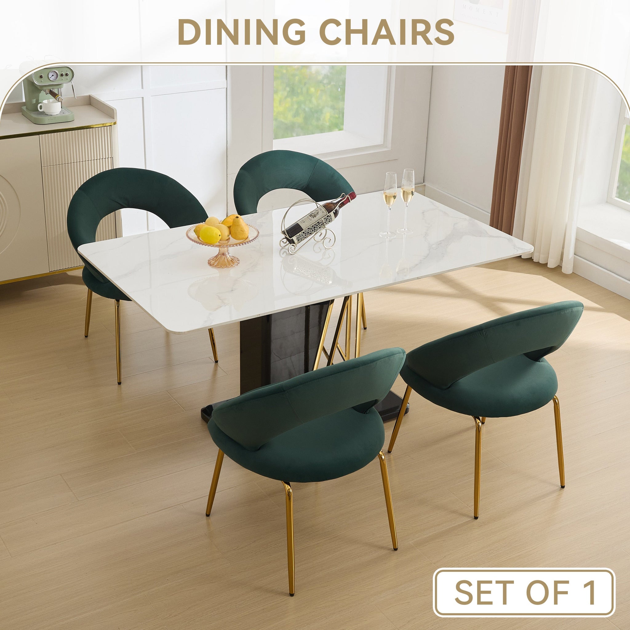 Velvet Fabric Dining Chair with Curved Backrest and Golden Metal Legs by HouseOfZazla
