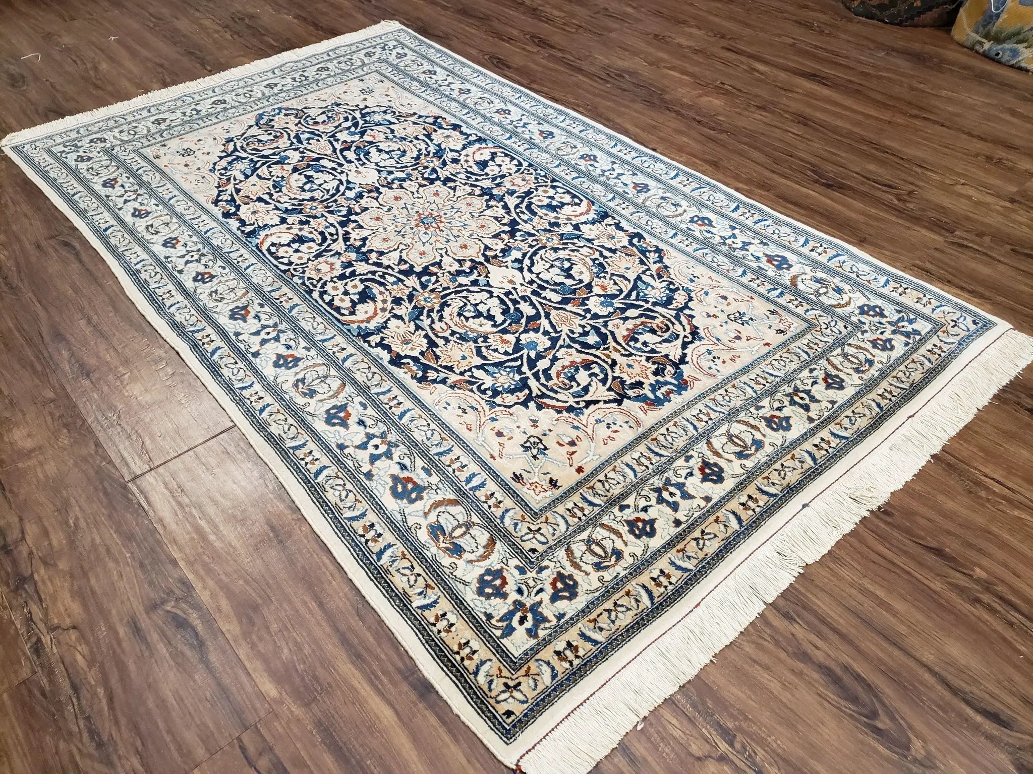 Persian Nain Rug 4x6, Ivory and Blue, Hand-Knotted, Wool & Silk by Jewel Rugs