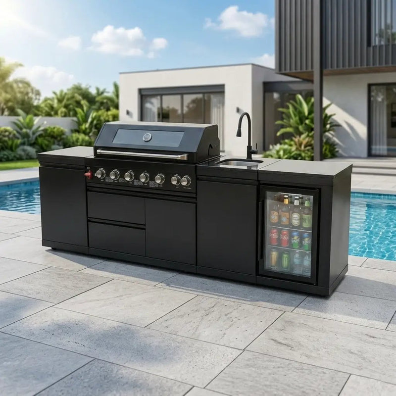 102" 6-Burner 85,000 BTU Black Outdoor Kitchen Island Grill + Refrigerator + Marble Countertops + Sink by Chery Industrial