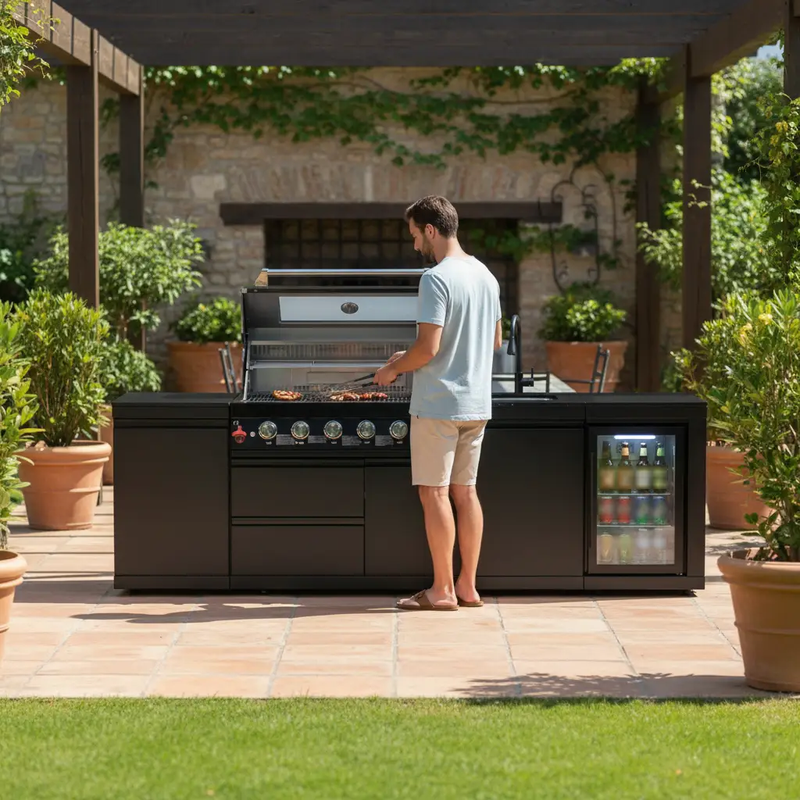 102" 6-Burner 85,000 BTU Black Outdoor Kitchen Island Grill + Refrigerator + Marble Countertops + Sink by Chery Industrial