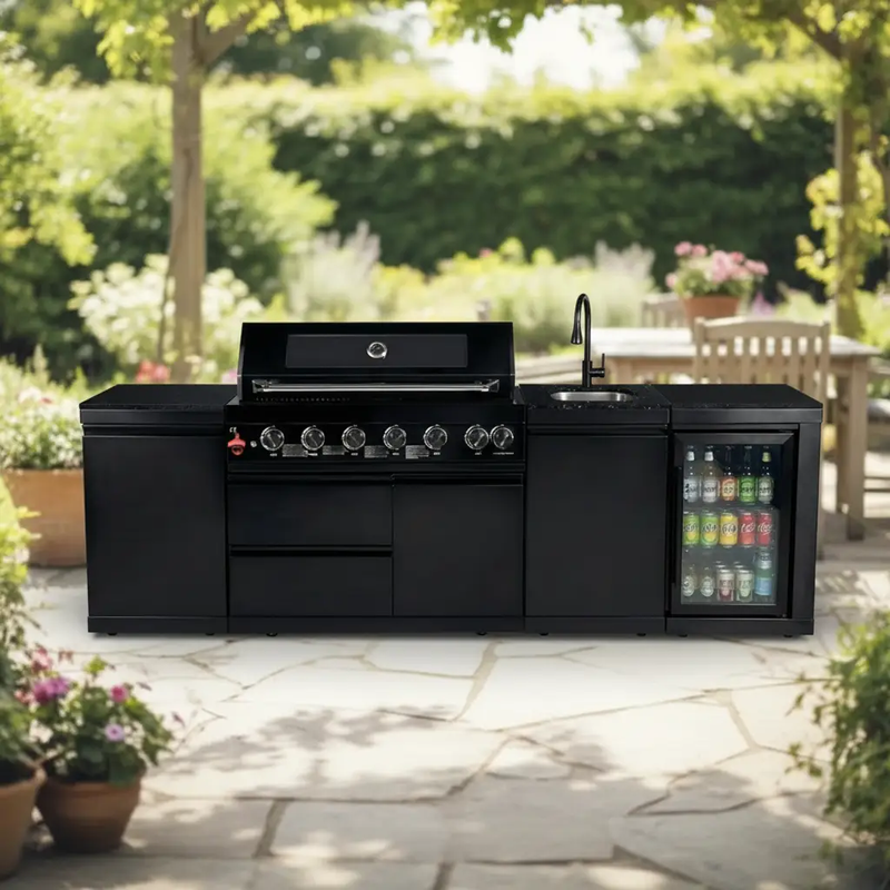 102" 6-Burner 85,000 BTU Black Outdoor Kitchen Island Grill + Refrigerator + Marble Countertops + Sink by Chery Industrial