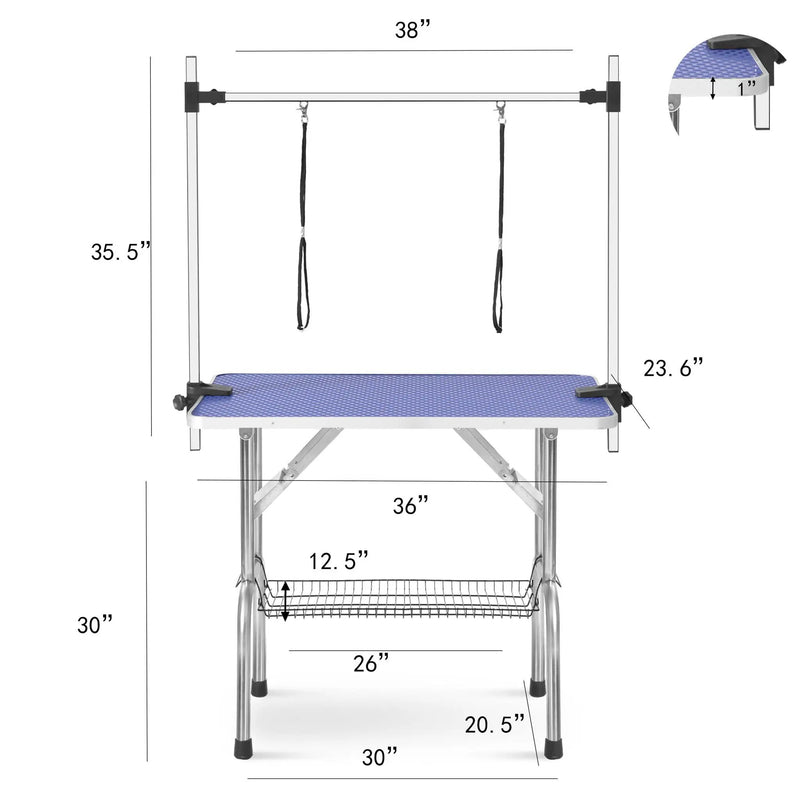 Folding Dog Pet Grooming Table Stainless Steel Frame Rubber Mat On Board With Adjustable Arm And Clamps Pet Dog Cat Grooming Table by HouseOfZazla