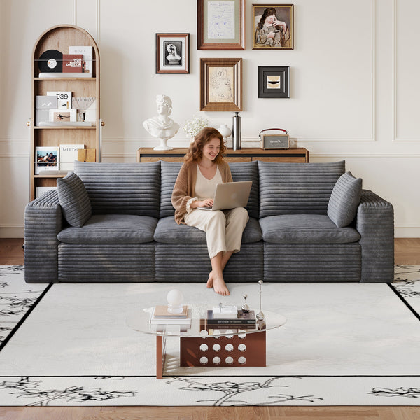 102" Cloud Sofa,Corduroy Fabric,Deep Seat Couches,Double-layer design,Removable  Cushion,No Assembly, DIY Combination for Living room, Bedroom,Conference room ,Apartment,Dark