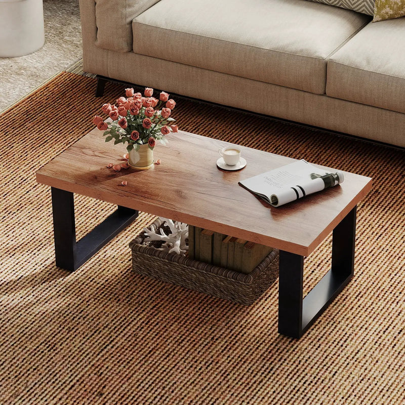 47 inch Farmhouse Style Rustic Coffee Table with Thickened Tabletop and Natural Wood Texture-Oak by DirectDeals