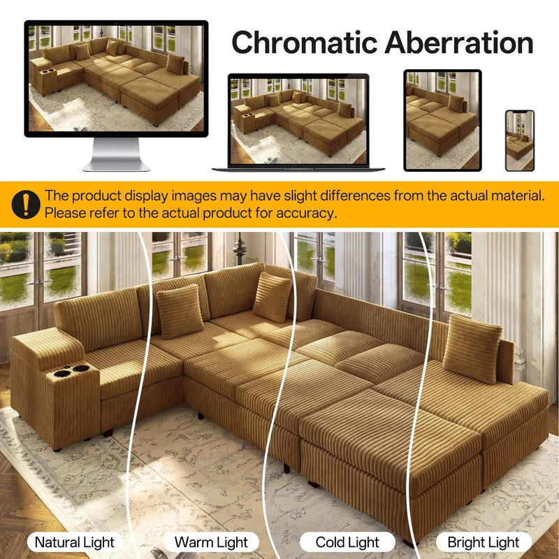 110.2" L-Shaped Sectional Sofa Set with Removable Ottoman in Camel by HouseOfZazla
