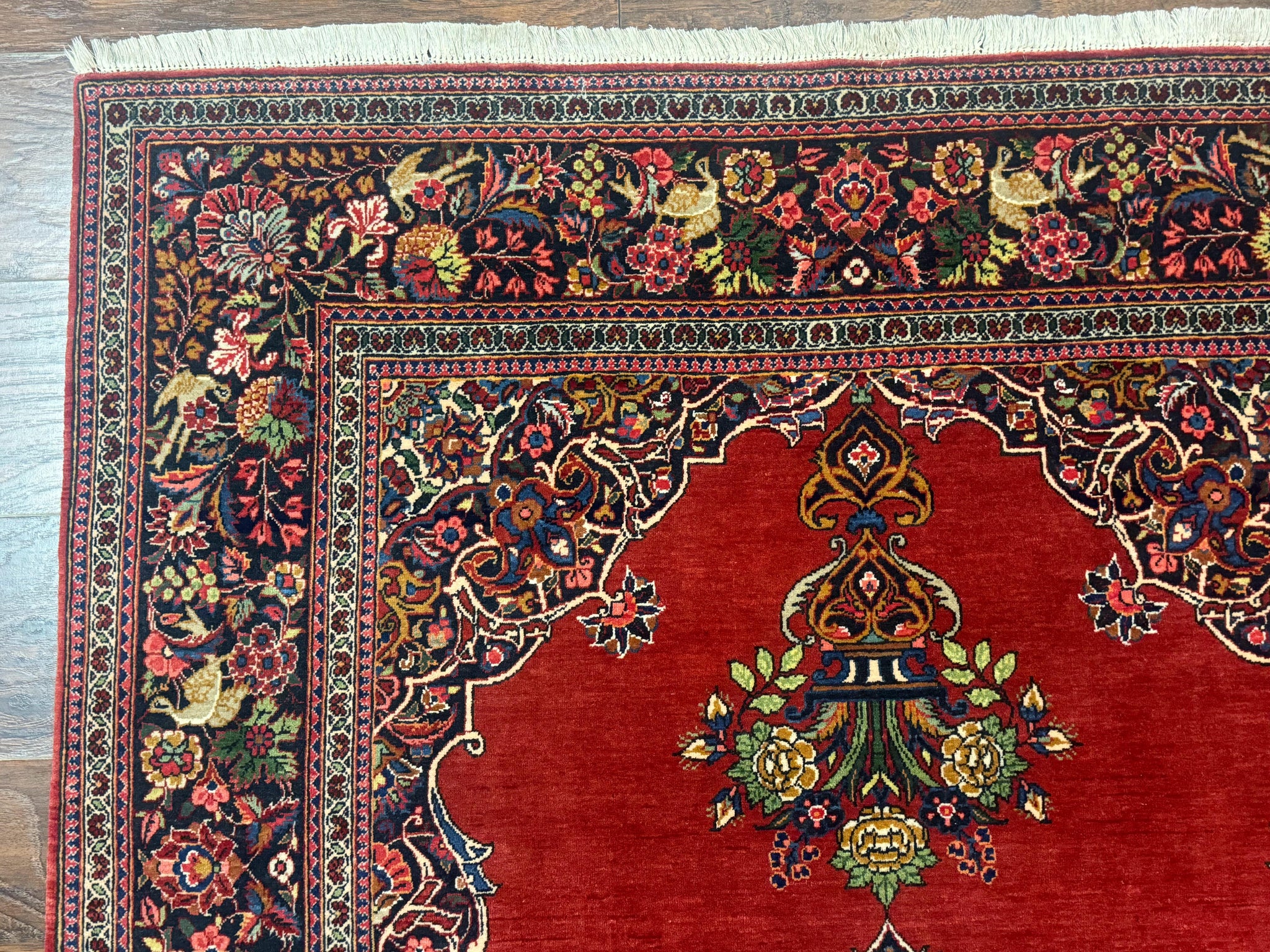 Red Persian Kashan Rug 4x6, Very Fine 260 KPSI, Red and Navy Blue Persian Carpet, Semi Open Field by Jewel Rugs