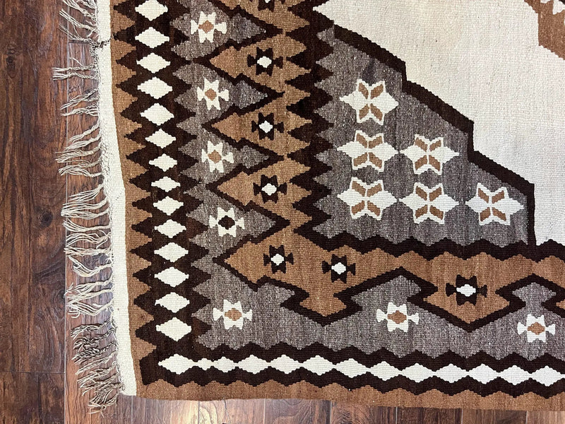 Antique Persian Fars Kilim Rug 8x11, Wool, Boho Tribal Persian Shiraz Flatweave Carpet, Semi Open Field, Geometric, Handmade, Vintage Semi Antique by Jewel Rugs