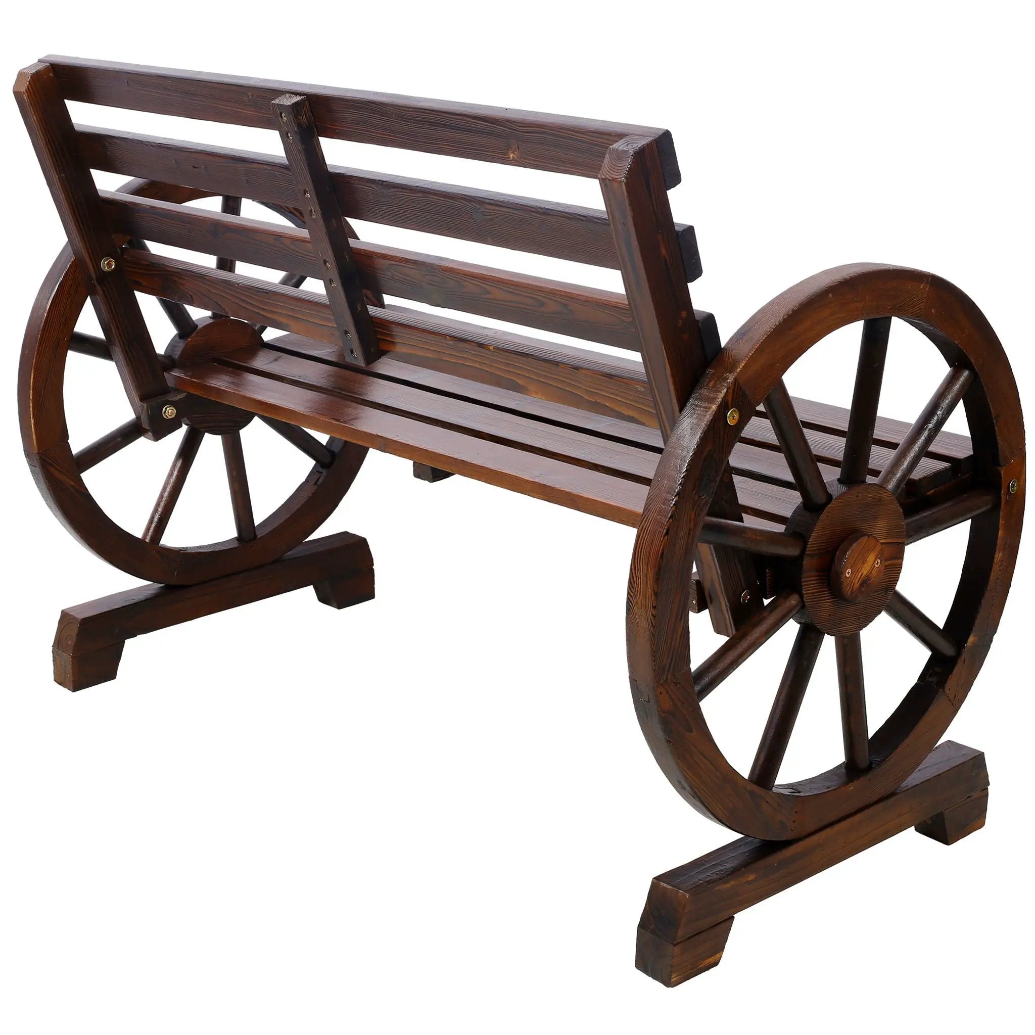 Rustic Country 2 Person Wooden Wagon Wheel Bench With Slatted Seat And Backrest - Brown by HouseOfZazla