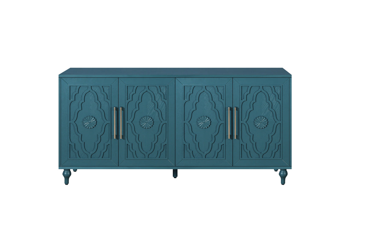 63'' Large Storage Cabinet with Metal Handle, Carved Flower Doors, Wooden Mordern Sideboard Console with Adjustable Shelves for Living Room, Kitchen, Entryway(Navy Blue), photo 7 of 10