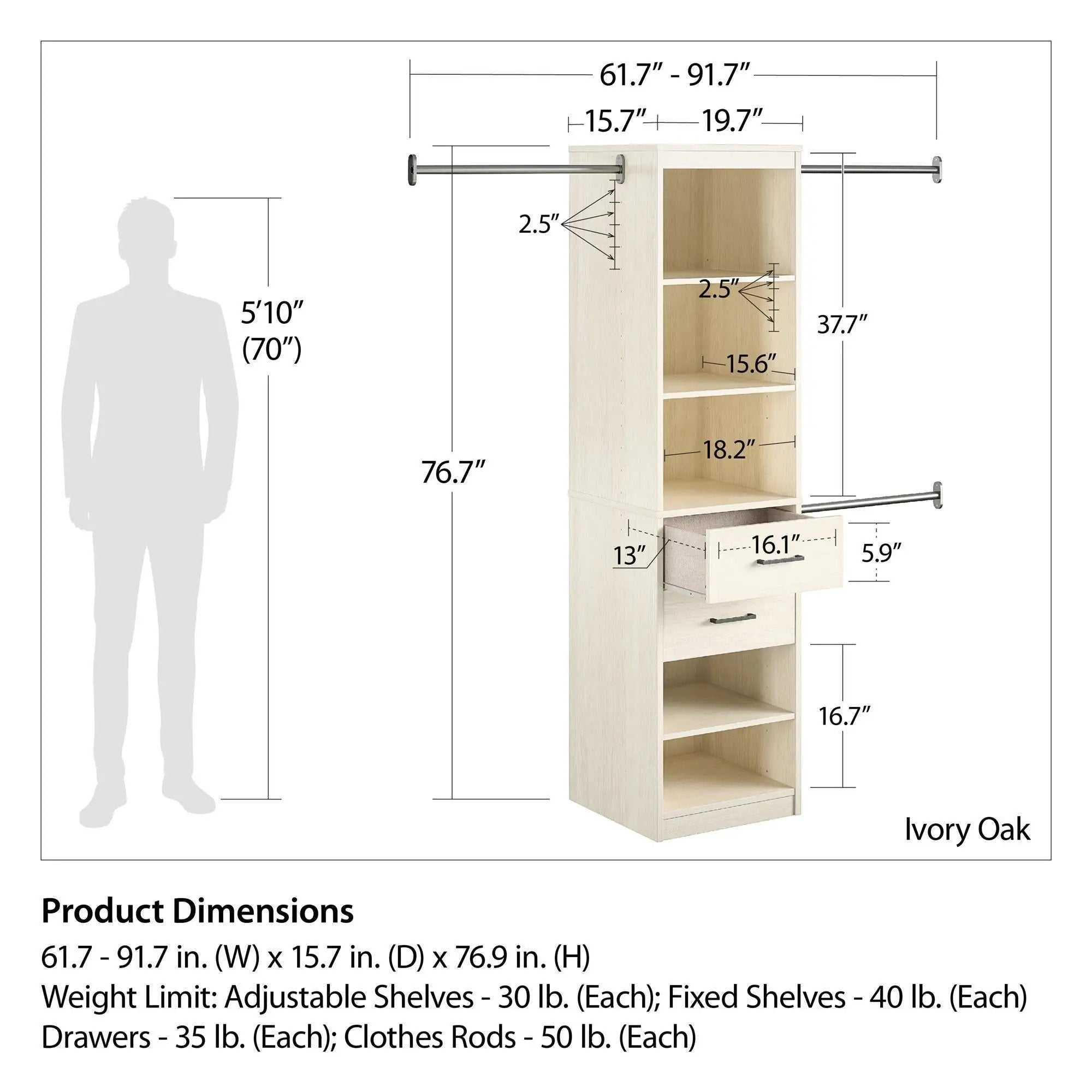 Kelly - 5 Shelf 2 Drawer Closet Organizer With 3 Adjustable Hanging Rods - Ivory by Unique Piece Furniture