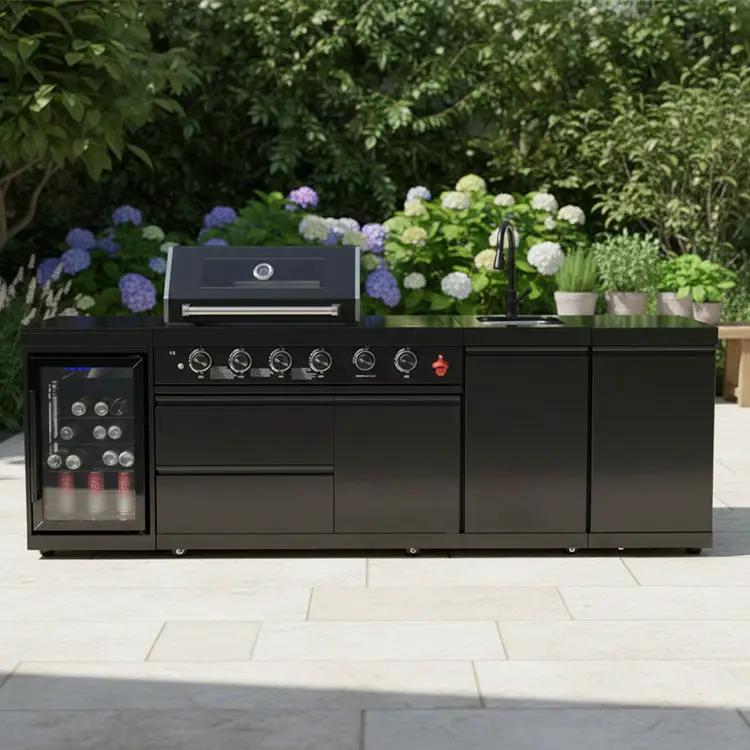 104" 4-Burner 72,000 BTU Black Outdoor Kitchen Bar Barbecue Island Grill + Wine Cooler + Sink by Chery Industrial