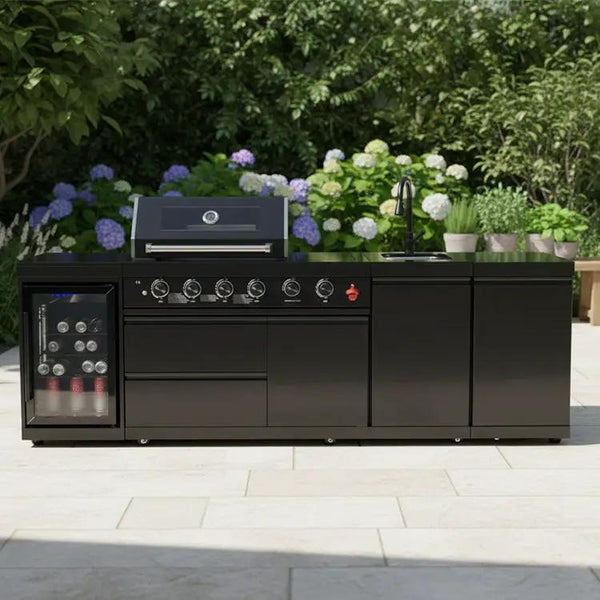 104" 4-Burner 72,000 BTU Black Outdoor Kitchen Bar Barbecue Island Grill + Wine Cooler + Sink