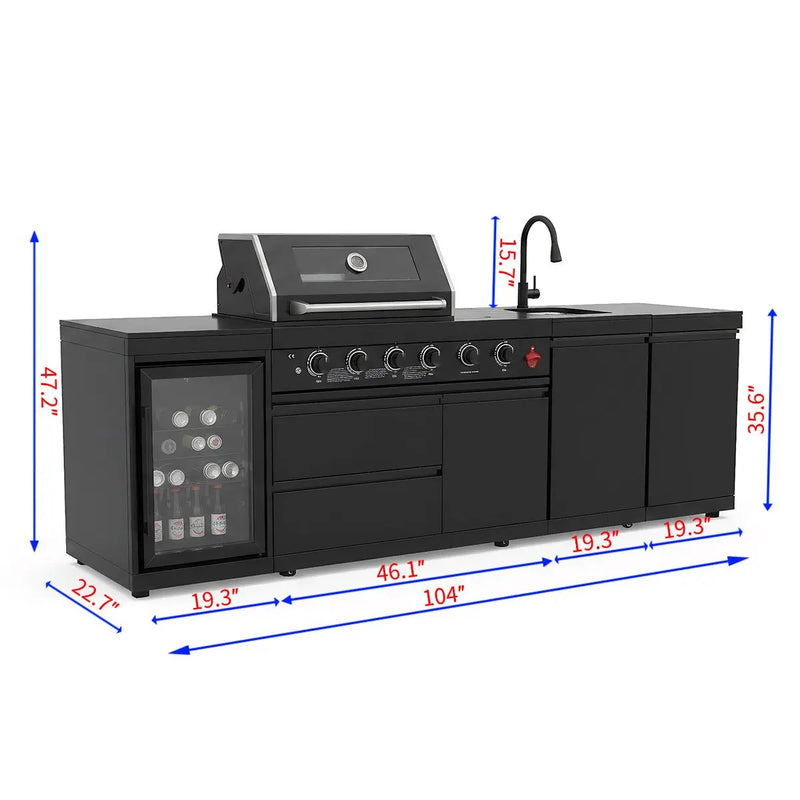 104" 4-Burner 72,000 BTU Black Outdoor Kitchen Bar Barbecue Island Grill + Wine Cooler + Sink by Chery Industrial