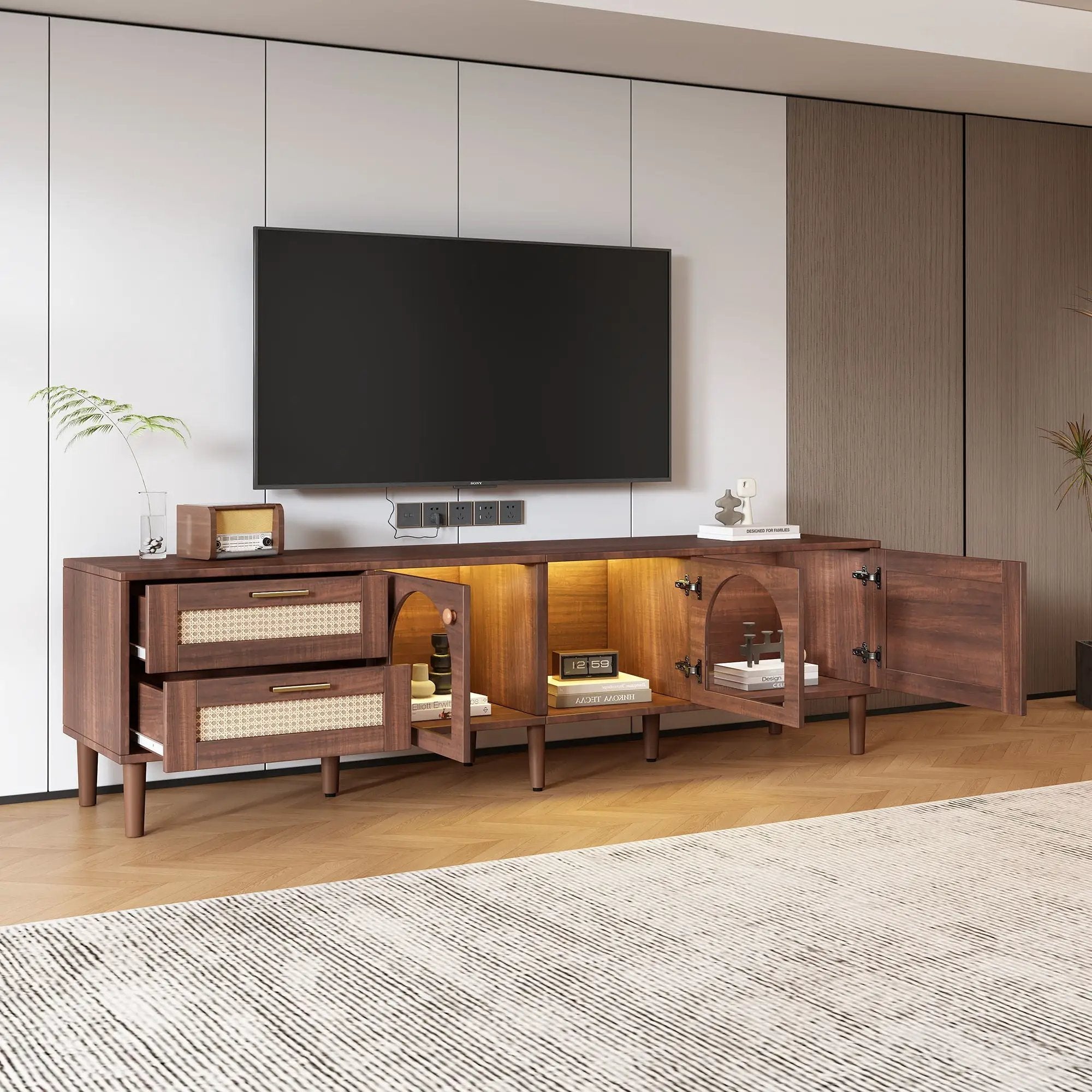 TV Stand With 3 Cabinets & 2 Drawers, LED Light Media Console For TVs Up To 80" - Dark Brown by Unique Piece Furniture