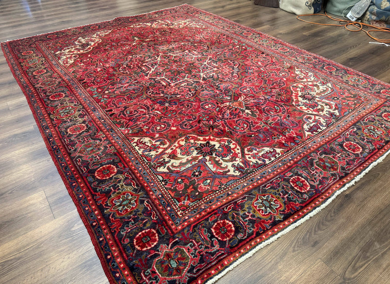 Persian Heriz Rug 7x10, Red and Navy, Geometric Medallion, Vintage Wool Carpet by Jewel Rugs