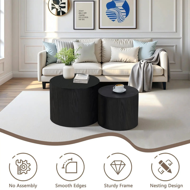 Nesting Coffee Table Set of 2, Modern Round Wood Side Tables by HouseOfZazla