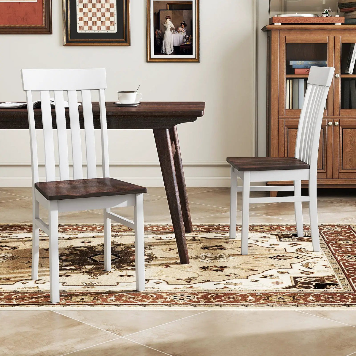 Set of 2 Kitchen Armless Dining Chairs with Slatted High Backrests-White by DirectDeals