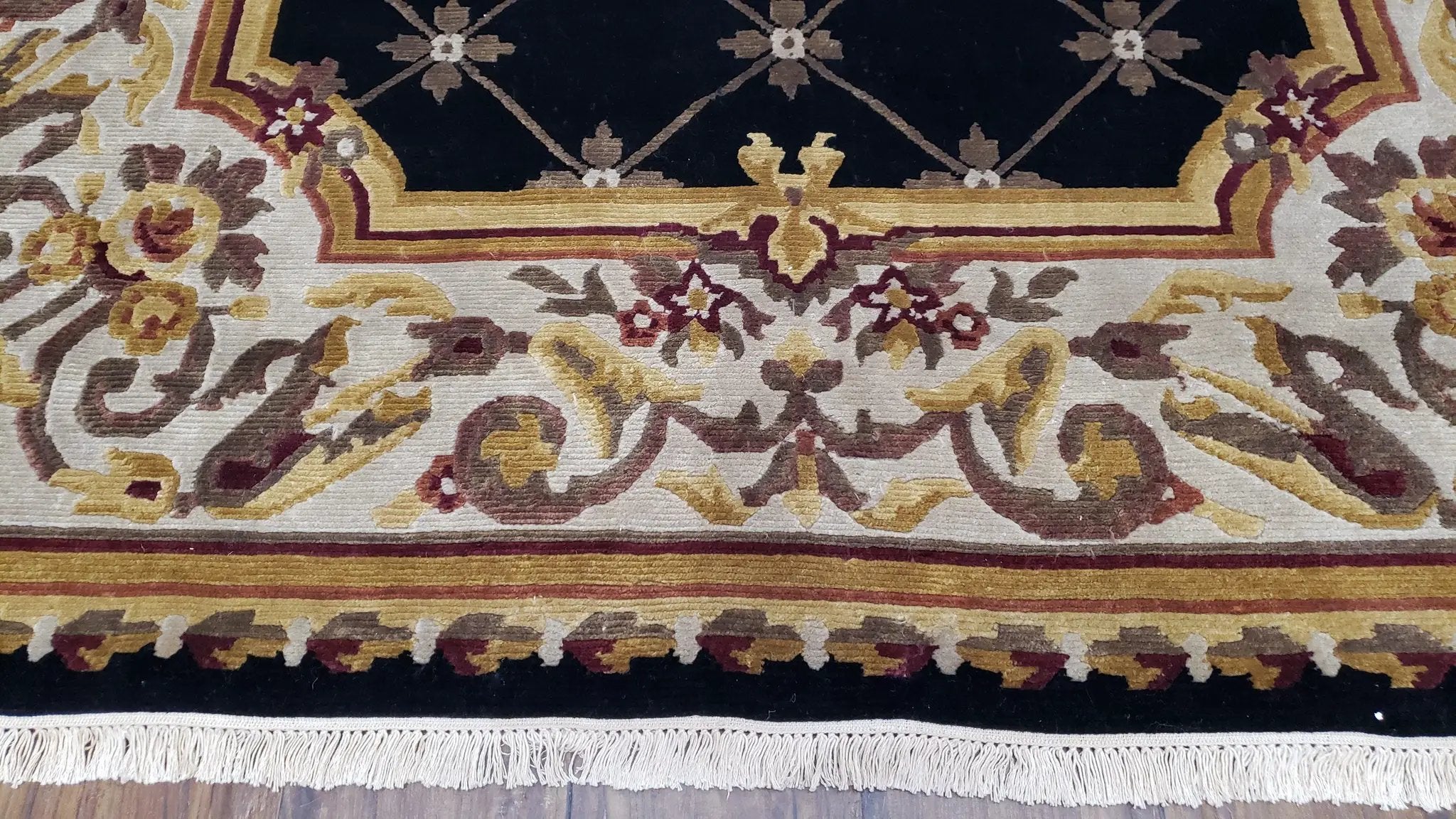 6x9 Nepalese Rug, Aubusson Savonnerie Area Rug 6 x 9 with Soft Pile, Hand-Knotted Wool Black & Beige Tibetan New Carpet European Design by Jewel Rugs