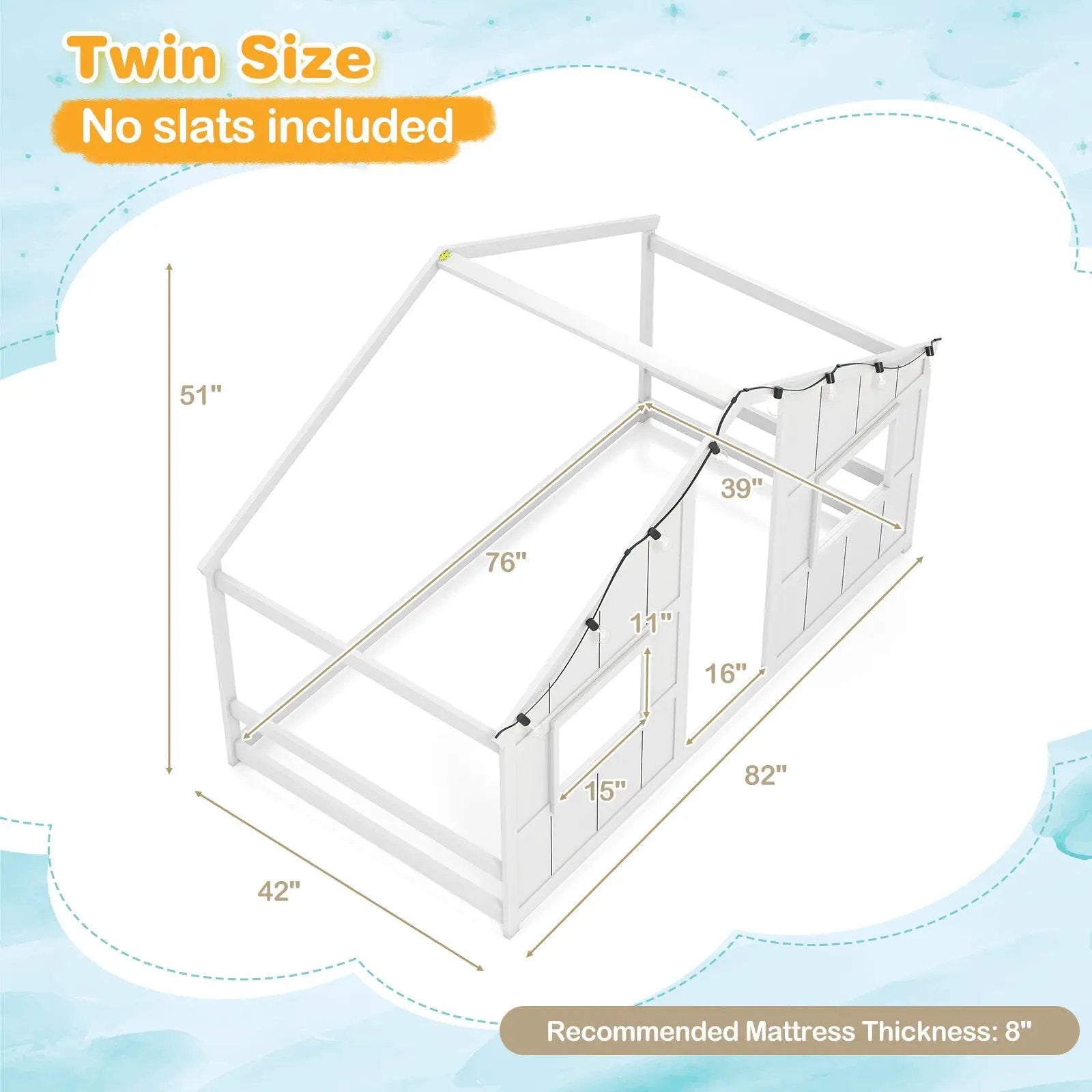 Twin Size House Bed with LED Lights Montessori Slat-free Floor Bed by DirectDeals