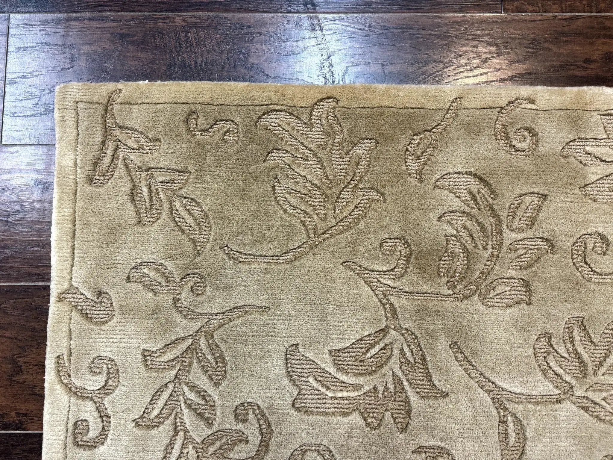 Modern Tibetan Rug 3.7 x 5.5, Carved Floral Design, Wool and Silk Highlights by Jewel Rugs