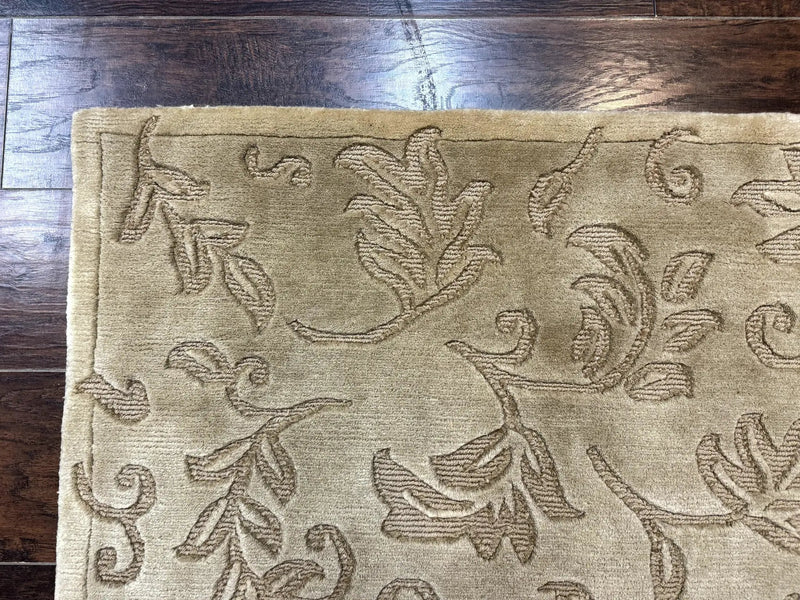 Modern Tibetan Rug 3.7 x 5.5, Carved Floral Design, Wool and Silk Highlights by Jewel Rugs