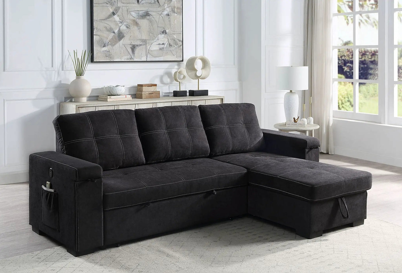 Toby - Woven Fabric Reversible Sleeper Sectional Sofa With Storage Chaise Cup Holder Charging Ports And Pockets by HouseOfZazla
