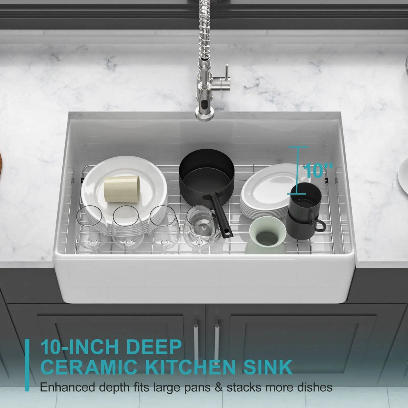 Ceramic Farmhouse Sink With Deep Basin And Stainless Steel Grid by HouseOfZazla