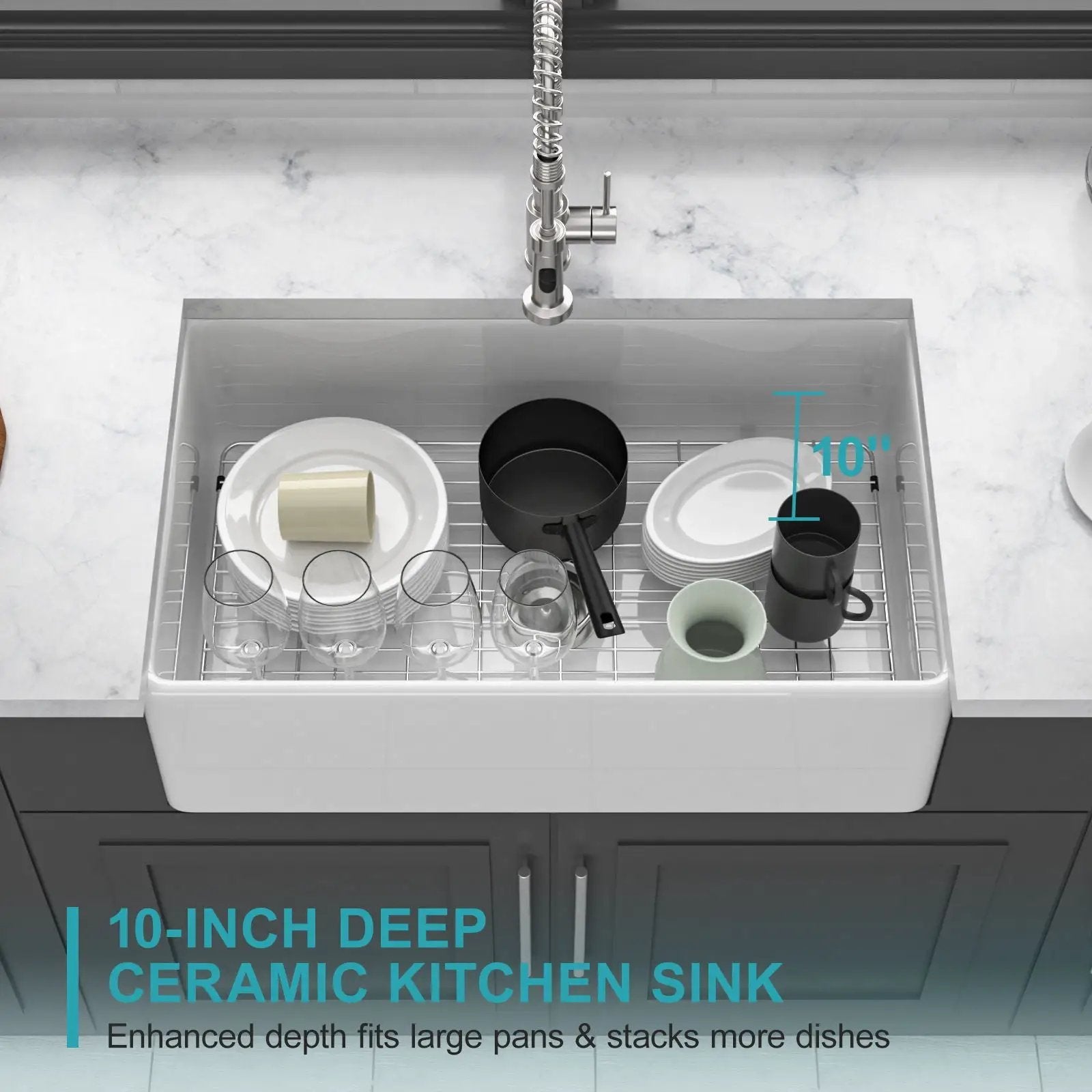 Ceramic Farmhouse Sink With Deep Basin And Stainless Steel Grid by HouseOfZazla