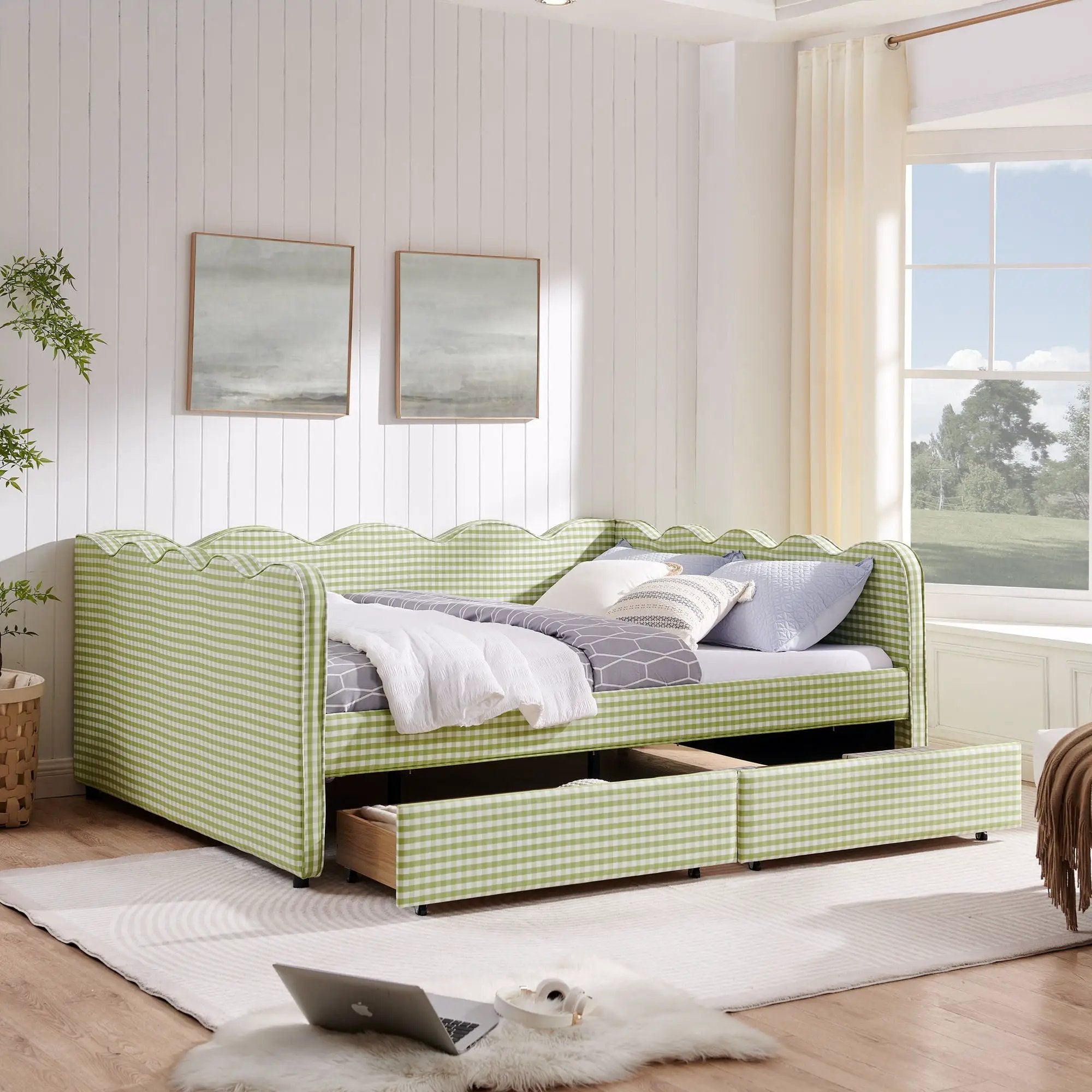 Gingham Daybed With USB Charging Port, Wave-Shaped Design by Unique Piece Furniture
