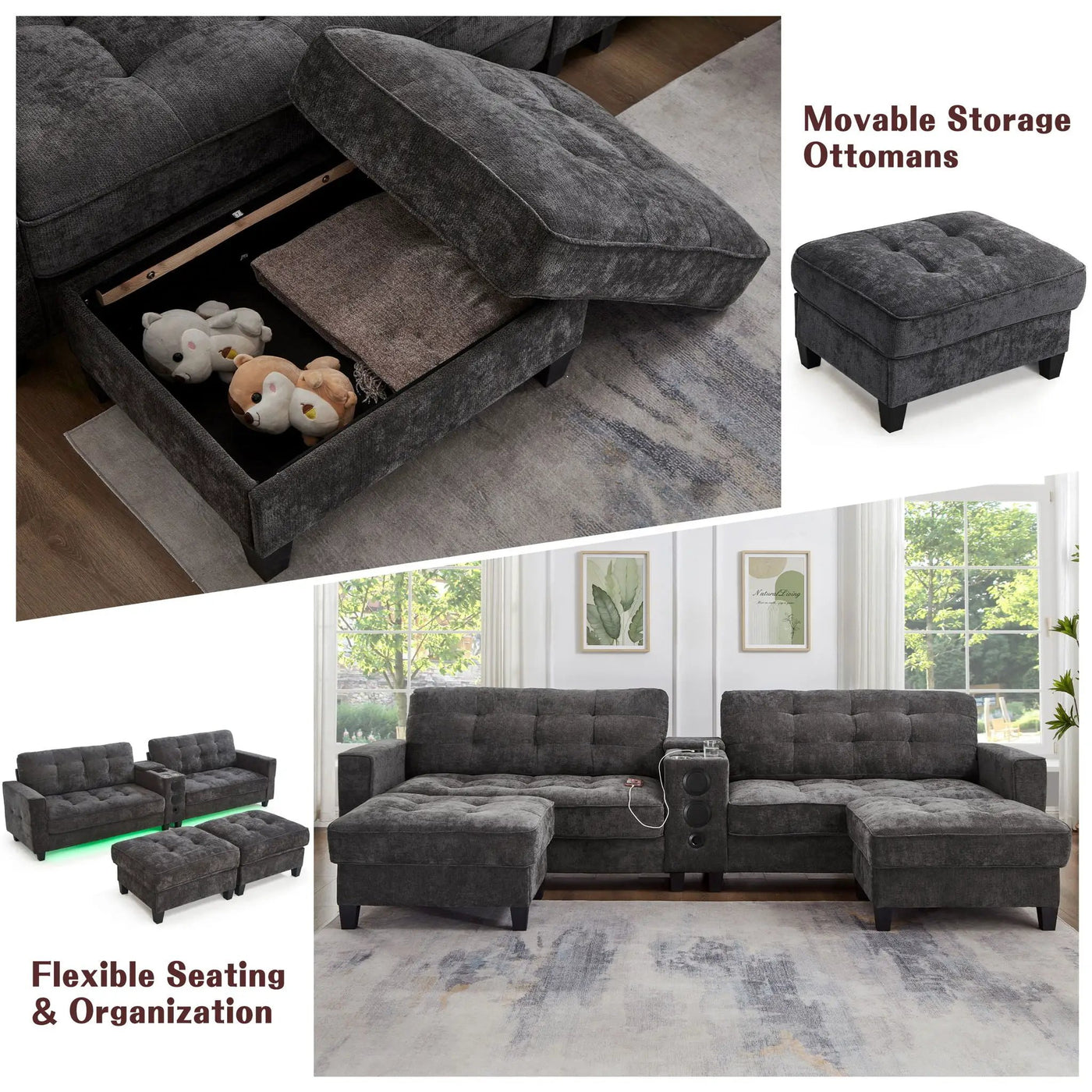 Modern Sectional Sofa U-Shaped With Movable Ottomans, tooth Speakers, LED Lights And Modular Storage by Unique Piece Furniture
