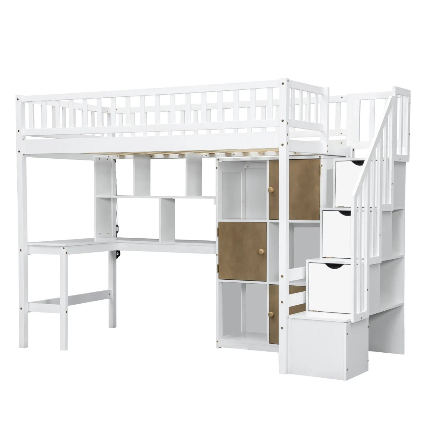 Loft Bed With Built In L Shaped Desk, LED Lights, Storage Shelves, Cabinets, And Staircase by HouseOfZazla