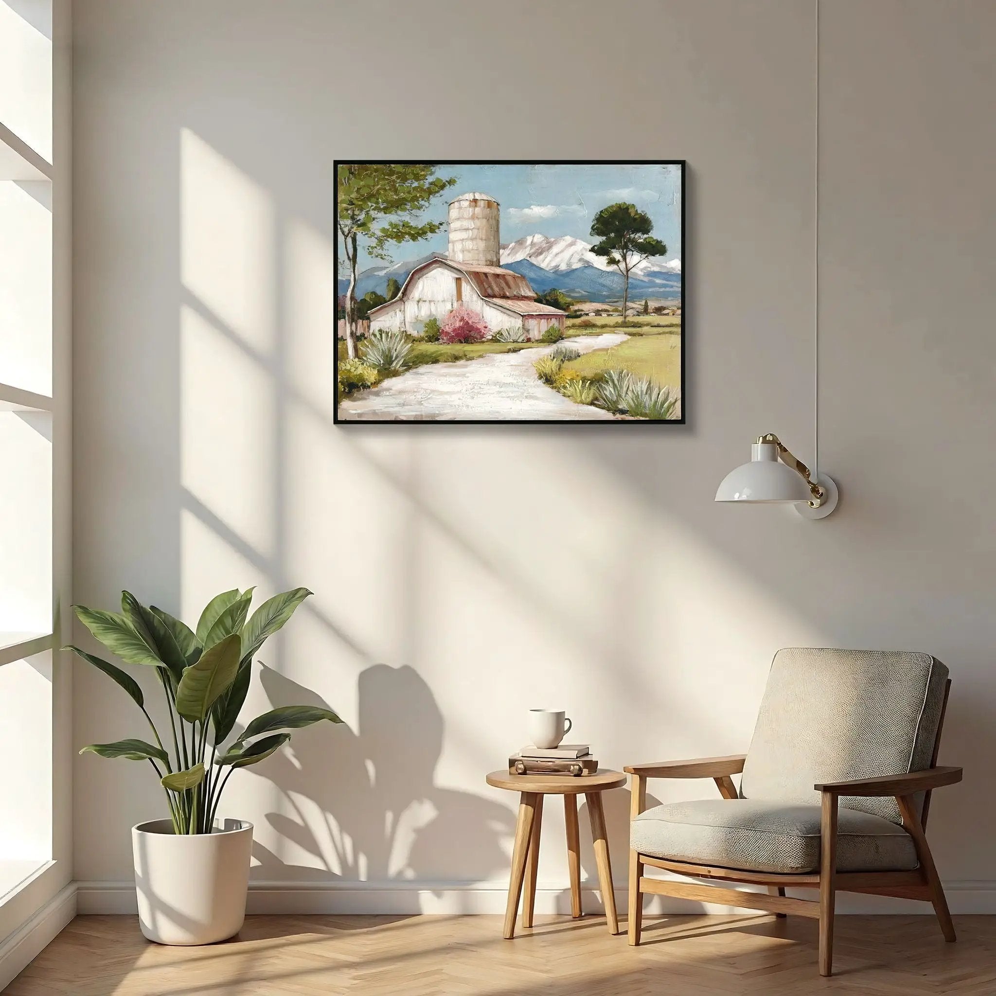 Framed Canvas Wall Art Beautiful Field Painting Wildflower Barn Print Nature Scenery Picture For Home - Blue / Pink by HouseOfZazla