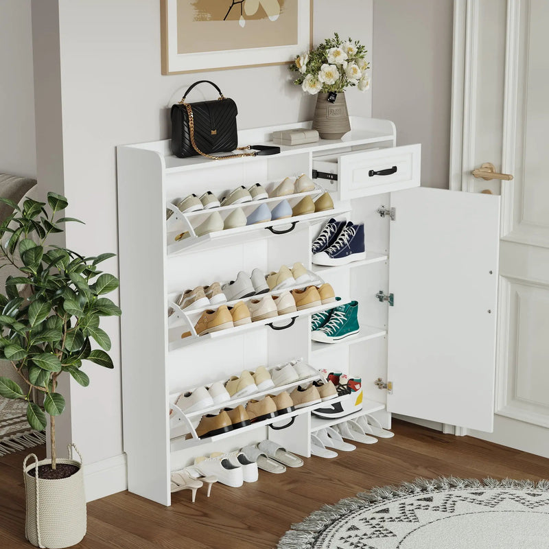 Shoe Cabinet With 4 Doors 1 Drawers, PVC Door With Shape, Large Space For Storage - White by Unique Piece Furniture